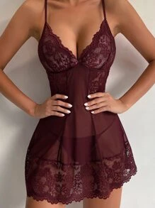 Classic Sexy Floral Lace Scallop Trim Babydoll Sexy Lingerie Dress With Thong - Maroon - View 6