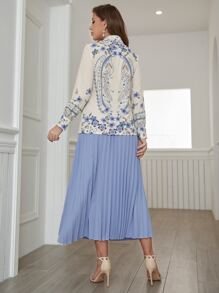 Modelyn Floral Print Blouse & Pleated Skirt - Blue and White - View 2