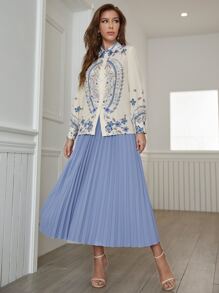 Modelyn Floral Print Blouse & Pleated Skirt - Blue and White - View 6