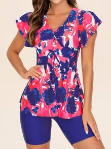 Swim Lushoire 印花坦基尼套裝短袖前抽繩游泳襯衫和騎行褲兩件式泳衣