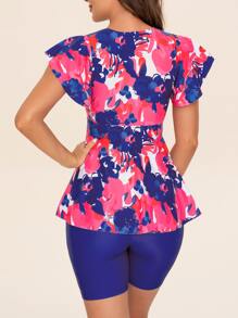 Swim Lushoire 印花坦基尼套裝短袖前抽繩游泳襯衫和騎行褲兩件式泳衣