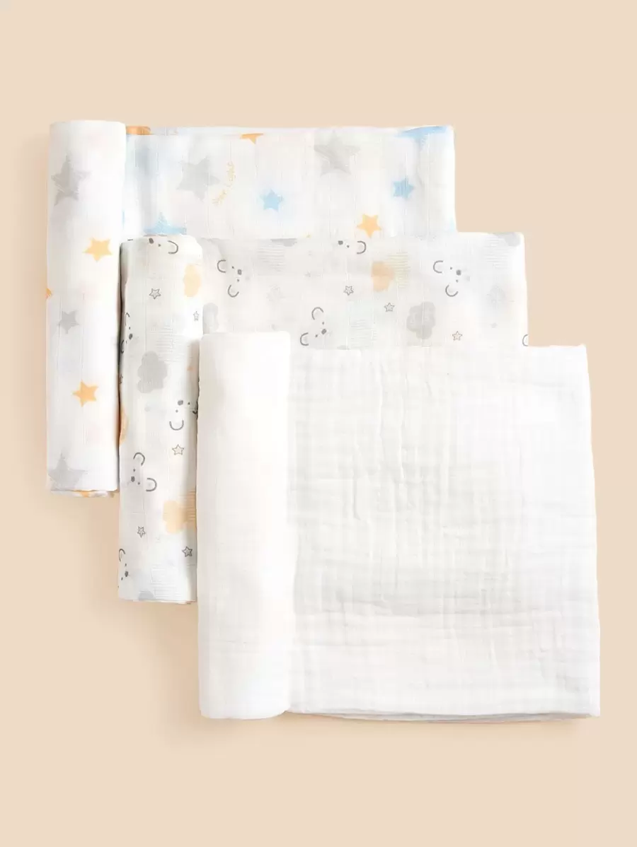 Set de 3 mantas de envolver transpirables con estampado de osos y nubes, certificadas Oeko-Tex, para bebés