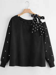 SHEIN LUNE Áo nỉ Plus Size Bất đối xứng Thắt nút Chấm bi Giải trí - màu đen - Xem 1
