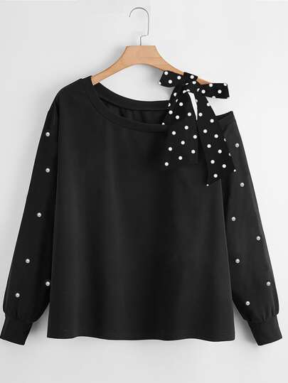 Felpa a pois scollatura asimmetrica con spalle annodate