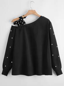 SHEIN LUNE Áo nỉ Plus Size Bất đối xứng Thắt nút Chấm bi Giải trí - màu đen - Xem 2