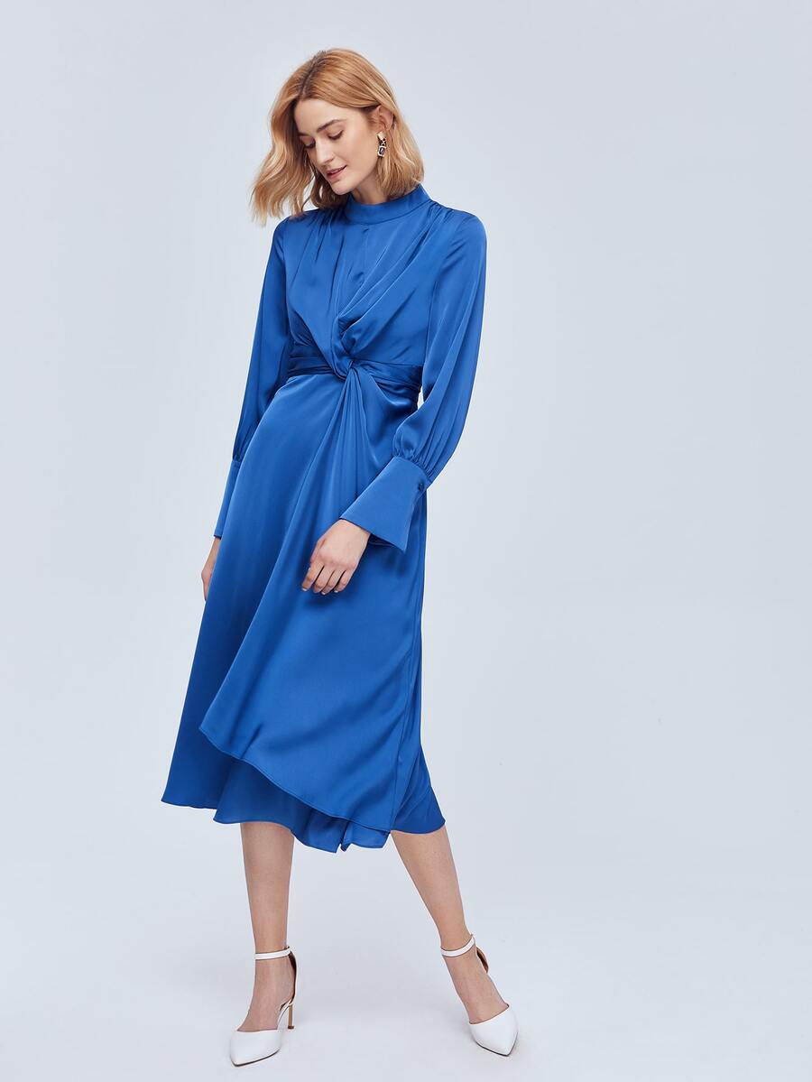 MOTF PREMIUM Vestido camisero fruncido girante - Azul - Ver 1