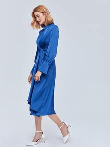 MOTF PREMIUM Vestido camisero fruncido girante - Azul - Ver 3