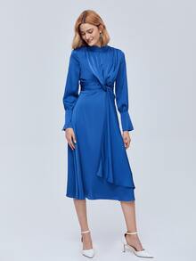 MOTF PREMIUM Vestido camisero fruncido girante - Azul - Ver 5