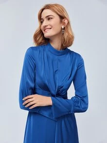 MOTF PREMIUM Vestido camisero fruncido girante - Azul - Ver 11