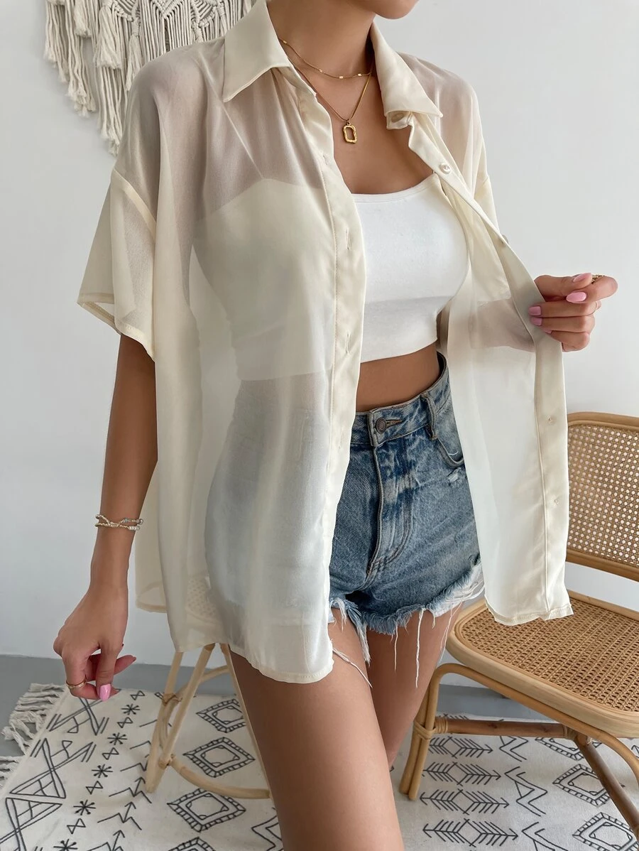 Muchica Solid Sheer Button Front Drop Shoulder Shirt Without Cami Top - Beige - View 1