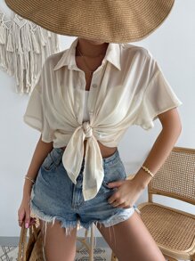 Muchica Solid Sheer Button Front Drop Shoulder Shirt Without Cami Top - Beige - View 4