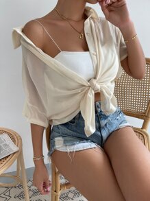 Muchica Solid Sheer Button Front Drop Shoulder Shirt Without Cami Top - Beige - View 5