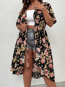 SHEIN Swim Curve Plus Floral Print Tie Front Kimono - Multicolor - View 4