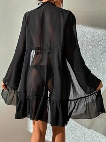 SHEIN Swim Kimono con estampado geométrico bajo con fruncido con cordón delantero - Negro - Ver 2