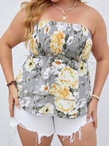 SHEIN Unity Plus All Over Floral Print Shirred Tube Top - Multicolor - View 5