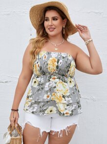 SHEIN Unity Plus All Over Floral Print Shirred Tube Top - Multicolor - View 6