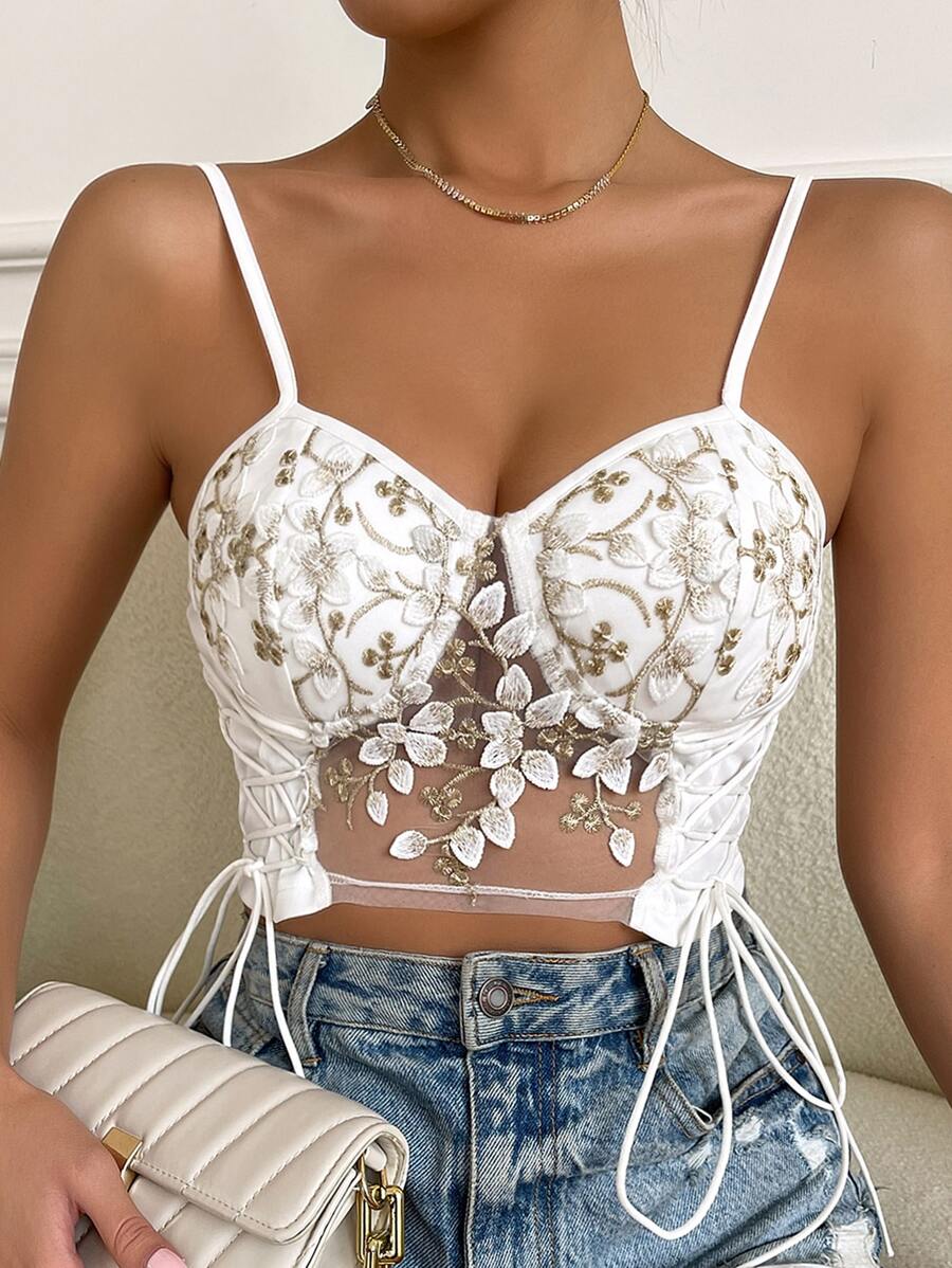 Chiquease Plant Embroidery Lace Up Side Cami Top Graphic Tees Women Tops - White - View 1