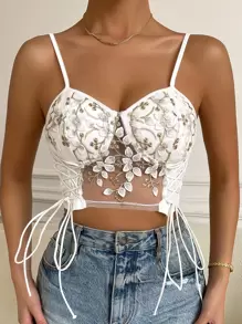 Chiquease Plant Embroidery Lace Up Side Cami Top Graphic Tees Women Tops - White - View 3