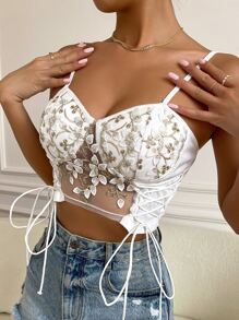 Chiquease Plant Embroidery Lace Up Side Cami Top Graphic Tees Women Tops - White - View 5