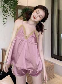 拼接蕾絲邊緞面吊帶睡衣套裝 - 藕粉色 - 查看 1