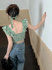 滿身花卉荷葉邊打褶上衣 - 綠色 - 查看 2
