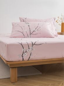 3pcs/set Flower Print Fitted Sheet Set Without Filler, Modern Flower & Branch Print Fitted Sheet Set For Bedroom - Multicolor - View 2