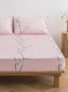 3pcs/set Flower Print Fitted Sheet Set Without Filler, Modern Flower & Branch Print Fitted Sheet Set For Bedroom - Multicolor - View 6