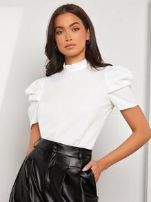 SHEIN Privé 木耳褶皺邊小高領泡泡袖襯衫 - 白色 - 查看 2