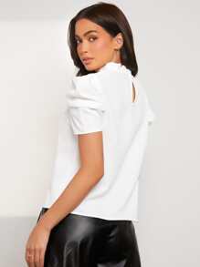 SHEIN Privé 木耳褶皺邊小高領泡泡袖襯衫 - 白色 - 查看 3