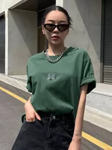 DAZY 蝴蝶刺绣落肩T恤超大T恤