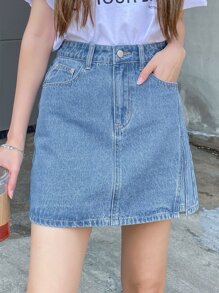 DAZY Slant Pocket Split Denim Skirt Jeans Skirt - Medium Wash - View 1