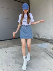 DAZY Slant Pocket Split Denim Skirt Jeans Skirt - Medium Wash - View 4