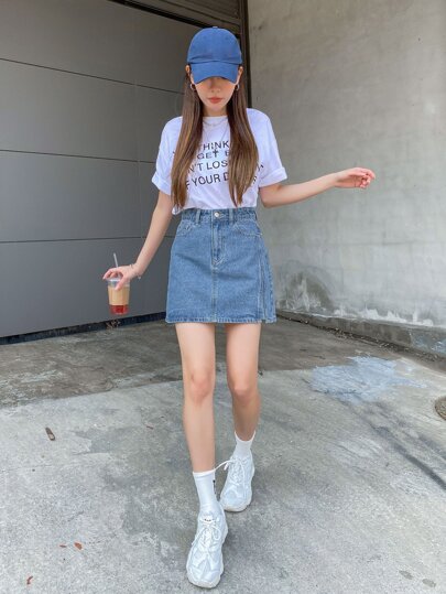 DAZY Chân váy Jeans xẻ tà túi chéo