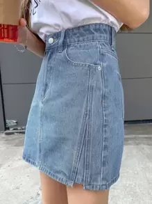 DAZY Slant Pocket Split Denim Skirt Jeans Skirt - Medium Wash - View 6