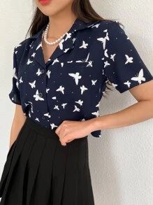 DAZY Allover Butterfly Print Lapel Neck Blouse - Navy Blue - View 1