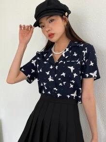 DAZY Allover Butterfly Print Lapel Neck Blouse - Navy Blue - View 2