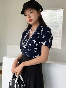 DAZY Allover Butterfly Print Lapel Neck Blouse - Navy Blue - View 5