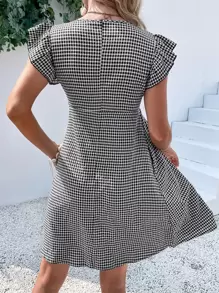 Breezaya 女式方领格子罩衫连衣裙度假海滩装 - 黑與白 - 查看 2