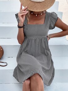 Breezaya 女式方领格子罩衫连衣裙度假海滩装 - 黑與白 - 查看 3