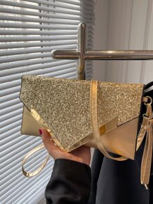 Lightweight,Business Casual Glitter Decor Flap Square Bag With Wristlet Evening Bag,Dinner Bag Glamorous,Elegant,Exquisite,Quiet Luxury Rhinestone For Party Girl,Woman,Bride Perfect For Party,Dinner/Banquet,For - Gold - View 2
