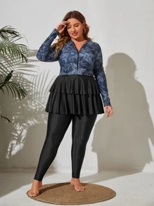 Plus Size In hình cây nhiều lớp Hem Zip Mặt trước toàn thân Rashguard Bãi biển mùa hè - Nhiều màu - Xem 1