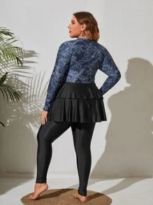 Plus Size In hình cây nhiều lớp Hem Zip Mặt trước toàn thân Rashguard Bãi biển mùa hè - Nhiều màu - Xem 2