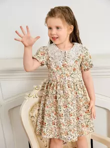 SHEIN Toddler Girls Floral Print Guipure Lace Statement Collar Puff Sleeve Dress