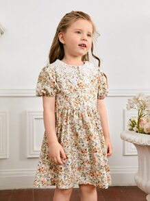 SHEIN Toddler Girls Floral Print Guipure Lace Statement Collar Puff Sleeve Dress