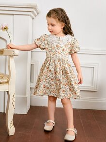 SHEIN Toddler Girls Floral Print Guipure Lace Statement Collar Puff Sleeve Dress