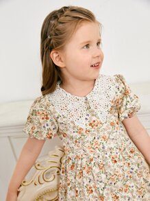 SHEIN Toddler Girls Floral Print Guipure Lace Statement Collar Puff Sleeve Dress