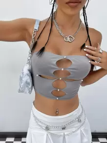 SHEIN ICON Pearls Beaded Cut Out Crop Tube Top - Grey - View 1