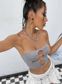 SHEIN ICON Pearls Beaded Cut Out Crop Tube Top - Grey - View 4