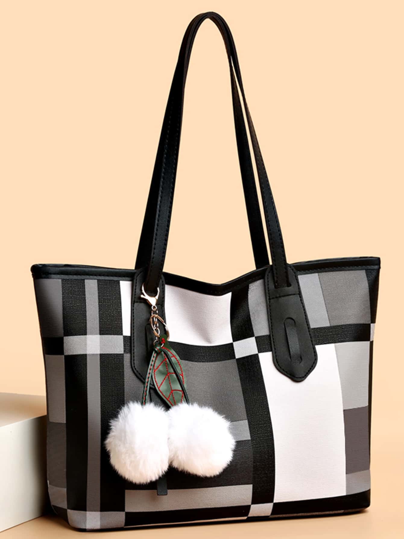 格子圖案單肩手提包帶袋飾女式手提包，單肩包錢包頂部提手流浪漢手提包，大容量錢包挎包時尚手提包學校禮物，復古斜挎錢包旅行背包