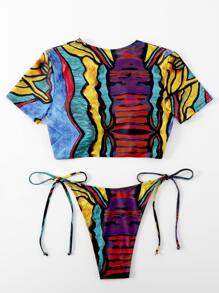 Swim SXY Summer Beach Allover Print Ring Linked Cut-Out Bikini - Multicolor - View 5